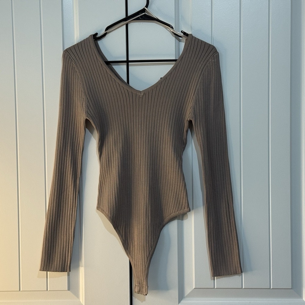 Love Tree Women's Brown Ribbed Long Sleeve Body Suit‎ One Piece Top Size M